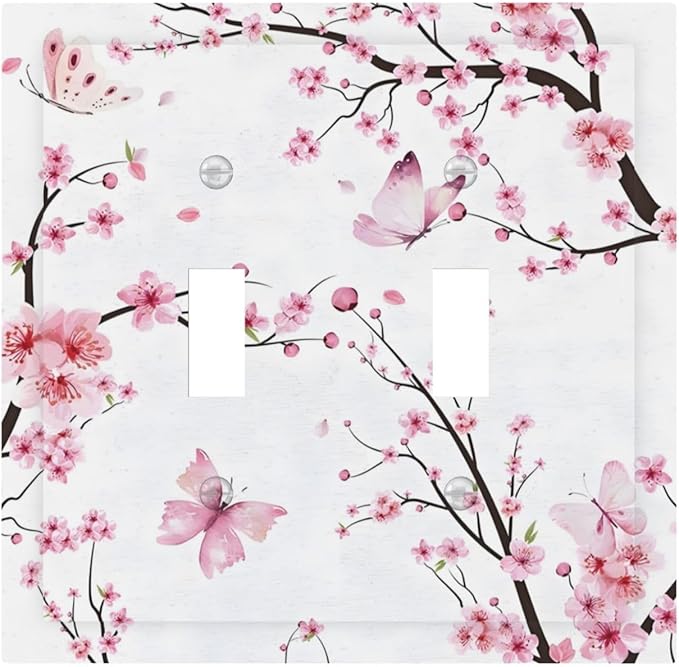 Cherry Floral Watercolor Pink Flowers Butterfly Decorative Switch Plates 2 Gang Double Toggle Outlet Light Switch Cover Wall Plate Electrical Faceplate for Bed Room Living Room Decor