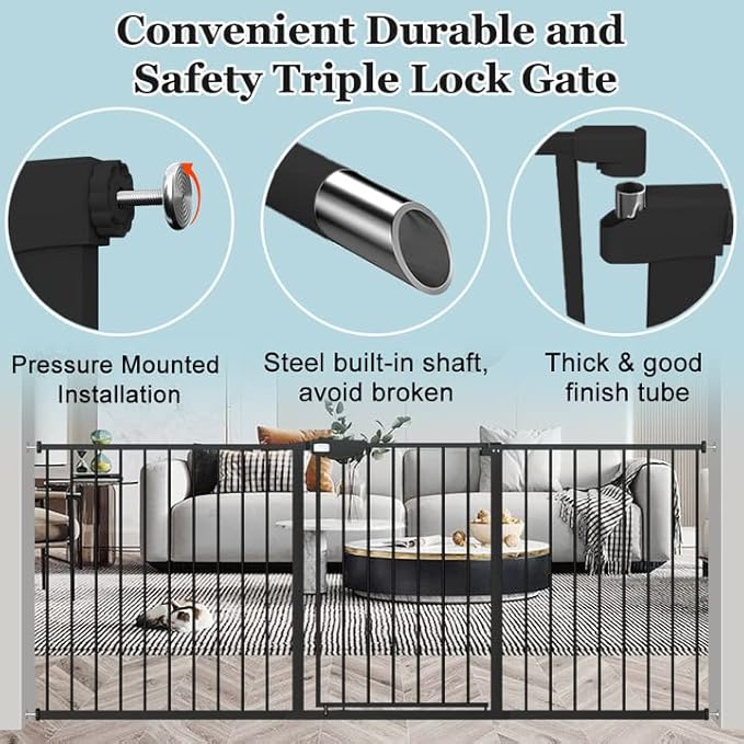 WAOWAO Triple Lock Baby Gate Extra Wide 86.22-90.55" Pressure Mounted Walk Through Swing Auto Close Safety Black Metal Dog Pet Puppy Cat for Stairs,Doorways,Kitchen