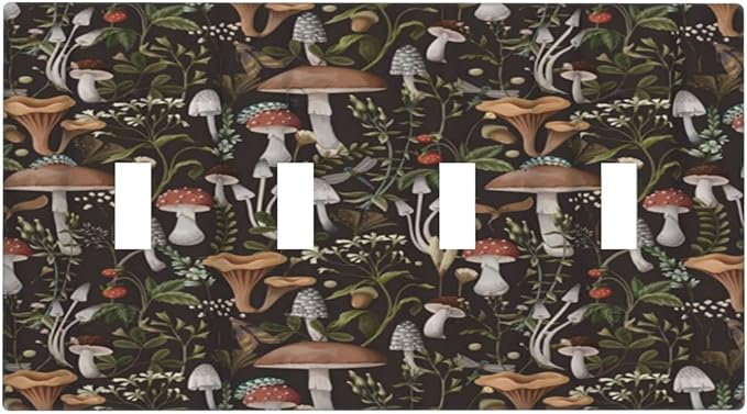 Funky Retro Vintage 70s 60s Boho Hippie Mushroom Quad Toggle Light Switch Covers Decorative 4 Gang Wall Plate Bohemian Floral Leaf 4 Hole Electrical Device Switchplates Faceplate for Bathroom