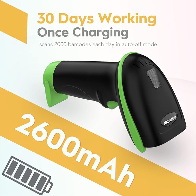 NADAMOO Wireless Barcode Scanner 328 Feet Transmission Distance USB Cordless 1D Laser Automatic Barcode Reader Handhold Bar Code Scanner with USB Receiver for Store, Supermarket, Warehouse - Green