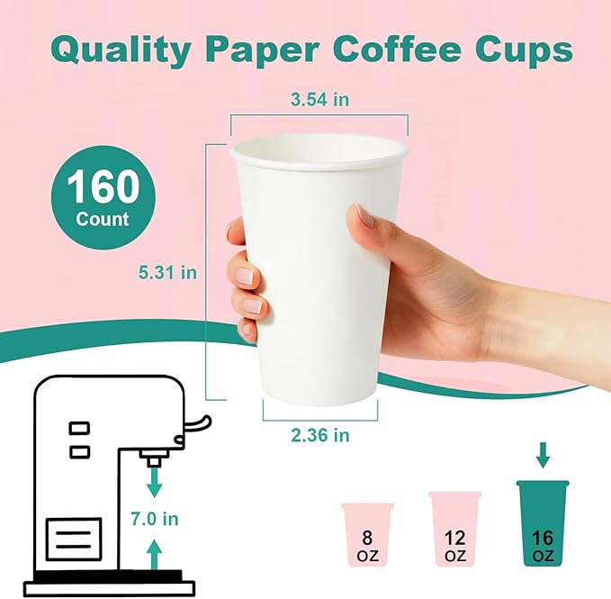 16 oz 100 Pack Disposable Coffee Cups, Bulk White Disposable Paper Cups, Coffee Cups for Hot Tea, Chocolate and Cold Drinks