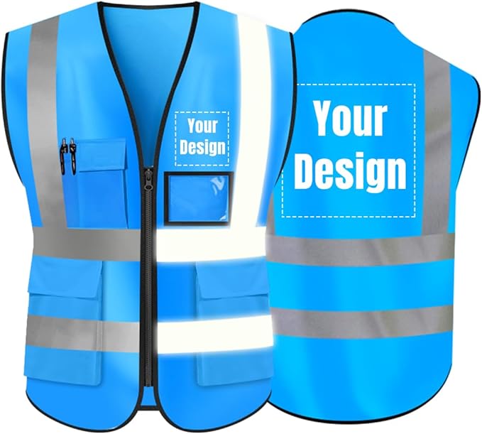YOWESHOP High Visibility Safety Vest Custom Your Logo Protective Workwear 5 Pockets With Reflective Strips Outdoor Work Vest (Blue (2XL))