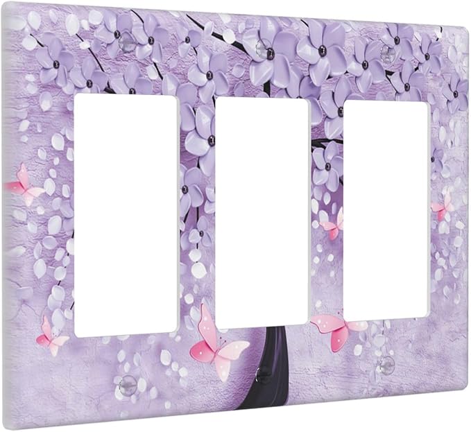 Light Switch Cover 3D Purple Tree 3 Gang Wall Plate Triple Light Switch Plate Rocker GFCI Outlet Covers Decorative Receptacle Cover for Bathroom Bedroom Decor