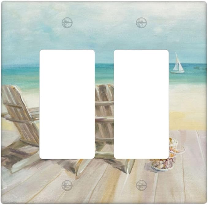 Outlet Covers Beach Chair Seascape Blue Ocean 2 Gang Wall Plate Double Rocker Light Switch Cover Modern Coastal Decorative GFCI Receptacle Cover Electrical Switchplate for Bathroom Bedroom