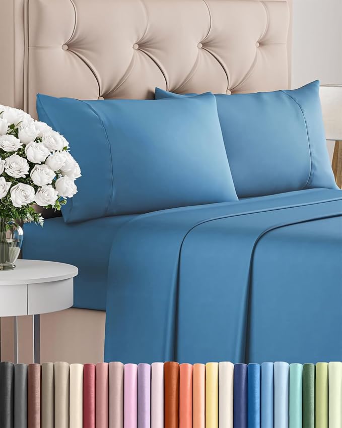 Twin XL 4 Piece Sheet Set - Cooling & Breathable Bed Sheets - Hotel Luxury Bed Sheets for Women, Men, Kids & Teens - Deep Pocket Bedding w/Easy Fit - Soft & Wrinkle Free - Twin XL Denim Blue Sheets