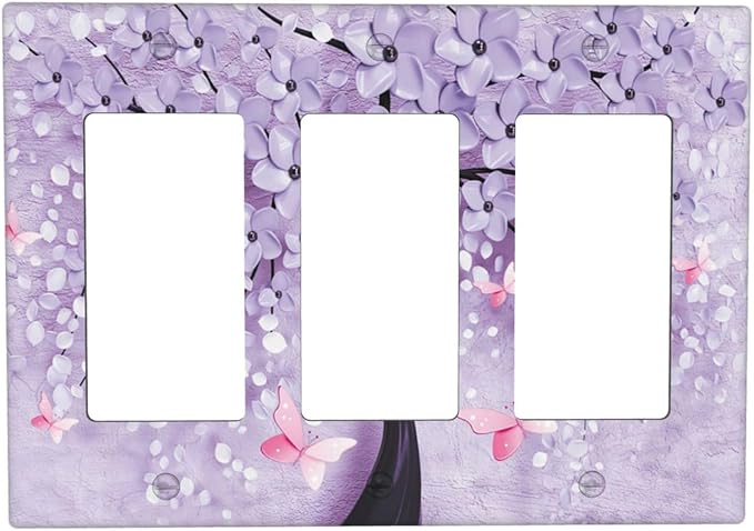 Light Switch Cover 3D Purple Tree 3 Gang Wall Plate Triple Light Switch Plate Rocker GFCI Outlet Covers Decorative Receptacle Cover for Bathroom Bedroom Decor