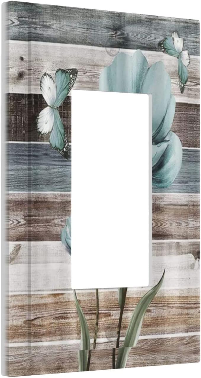 Rustic Vintage Teal Floral Barn Wood Single Rocker Decora Light Switch Cover 1 Gang Outlet Cover Decorative Wall Plate Turquoise Flower Butterfly Gfci Electrical Switchplate for Farm Bathroom