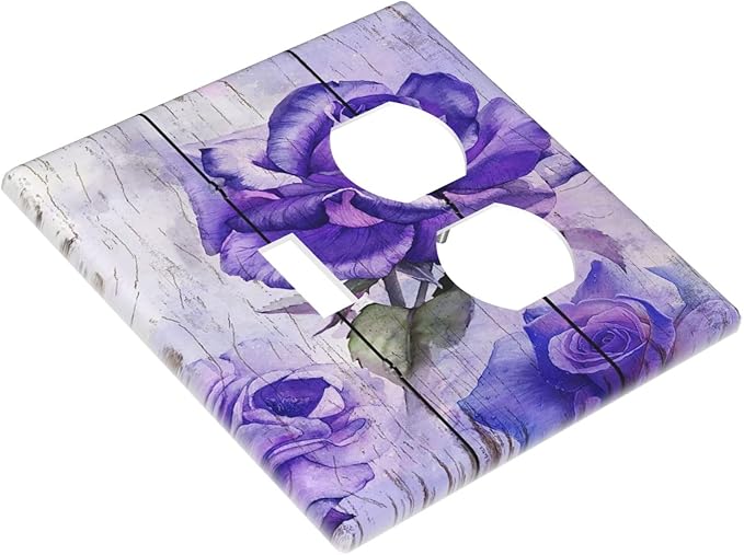 Decorative Light Switch Cover Plate Purple Flower Modern Floral 2 Gang Outlet Covers 1 Toggle 1 Duplex Wall Plate Decorate Electrical Switch Plate Covers for Bedroom Kitchen Decor