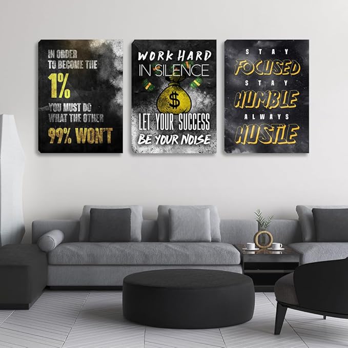 Inspirational Wall Art Motivational Wall Art 3 Pieces Canvas Wall Art Office Decor Hustle Quotes Poster Painting Print Artwork Framed for Bedroom Living Room Gym(72''Wx 36''H)