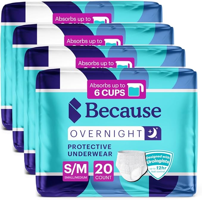 Because Overnight Absorbency Pull Ups - Adult Disposable Incontinence Underwear, Extra Absorbent Nighttime Briefs for Men and Women, White, Small/Medium, 80 Count (4 Packs of 20)