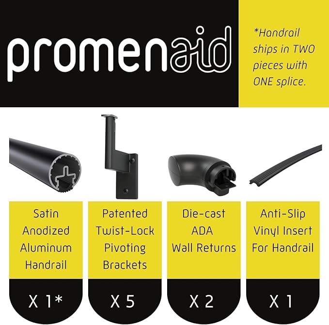 Promenaid 14ft ADA Handrail Kit - Black - Complete Indoor/Outdoor Handrail for Stairs - 1.6" Round Anodized Aluminum Railing with 7 Satin Black Painted Pivoting Brackets & ADA Wall Returns