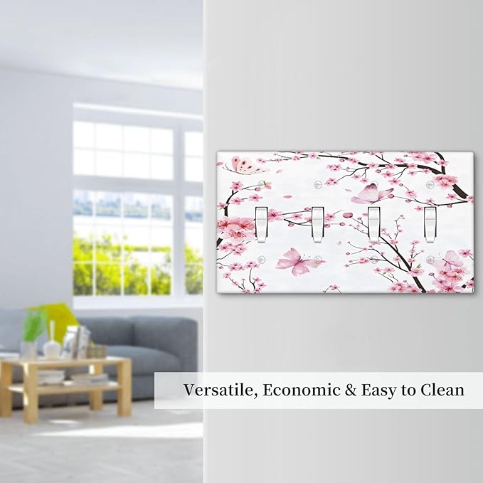Cherry Floral Watercolor Pink Flowers Butterfly Light Switch Covers Quad Toggle Electrical Faceplate 4 Gang Wall Plate Decorative Switch Plates for Bed Room Living Room Decor