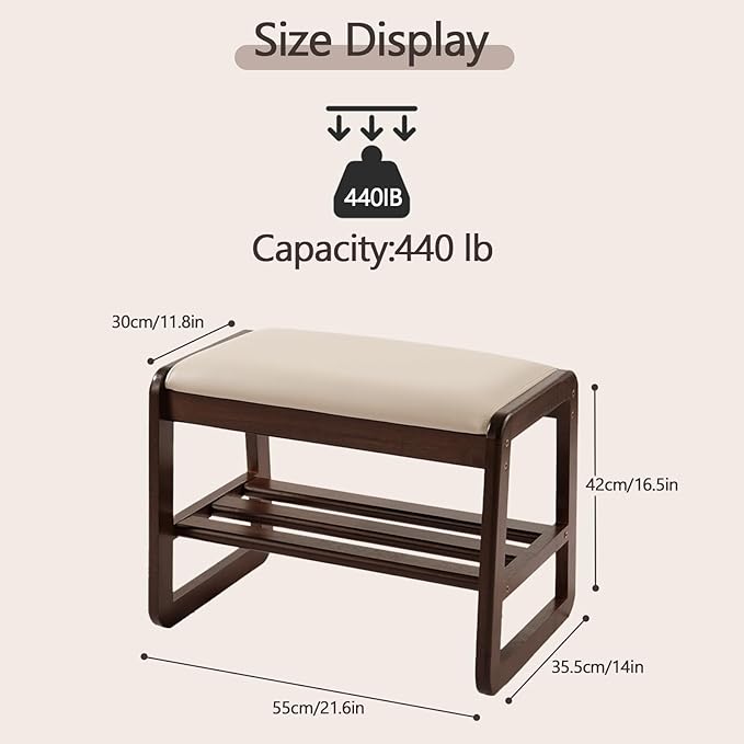 Small Shoe Rack Bench,2 Tier Wooden Entryway Bench with Shoe Storage, Shoe Rack with Cushion for Living Room, Hallway(Pu Beige, 21.6")