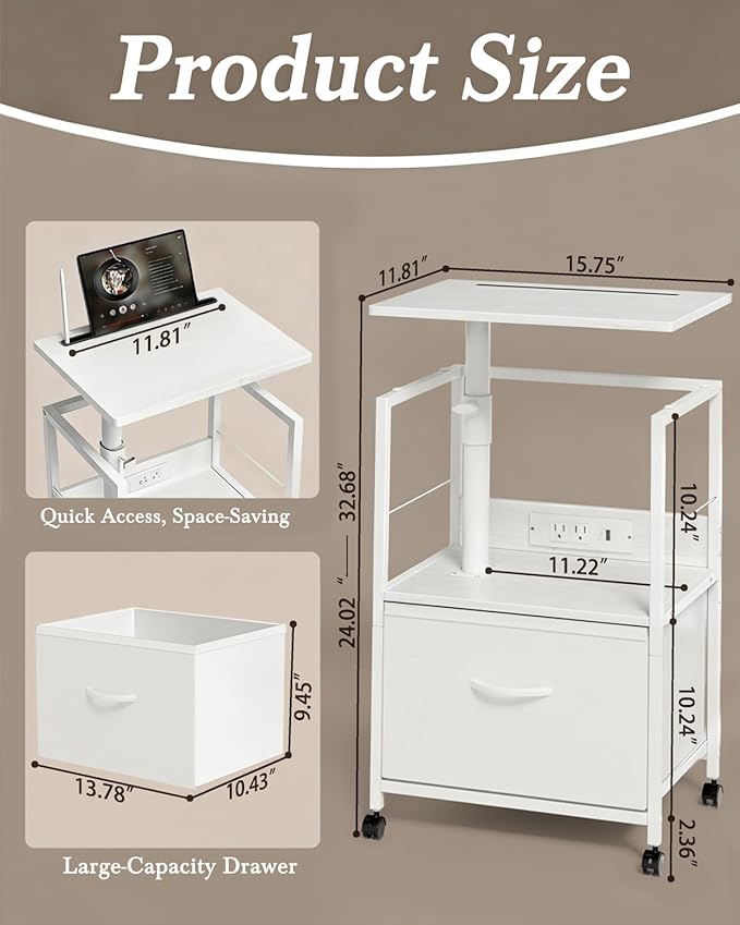 Swivel Lift Top Nightstand with Charging Station, 2-Tier 360° Adjustable Bedside Table, Rolling Night Stand with Wheels, Small End Table with Fabric Drawer, for Bedroom, Living Room, White