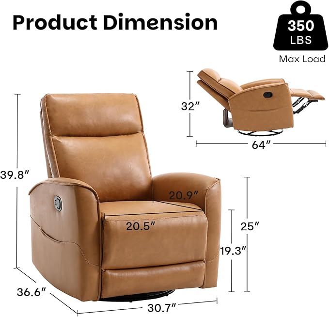 CANMOV Leather Recliner Chair, Swivel Rocker Recliner Chair, 360°Swivel Nursery Glider Recliner, Manual Recliner for Small Spaces,Living Room,Bedroom,Brown