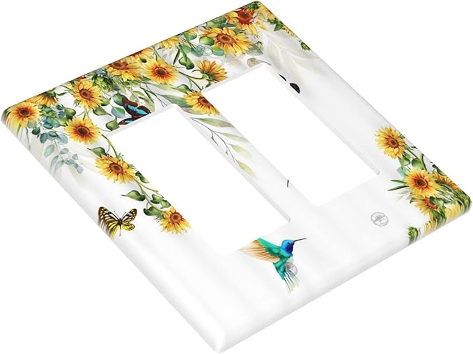 Yellow Sunflower Blue Hummingbird Butterfly Double Rocker/Decora Outlet Cover Rustic Farmhouse Floral Plant 2 Gang Light Switch Cover Decorative Gfci Wall Plate Electrical Switchplate for Home
