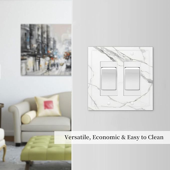 White Marble Abstract Luxurious Print Decorative Outlet Covers 2 Gang Double GFCI Rocker Electrical Wall Panels Light Switch Cover Plate for Bathroom Kitchen Home Decor