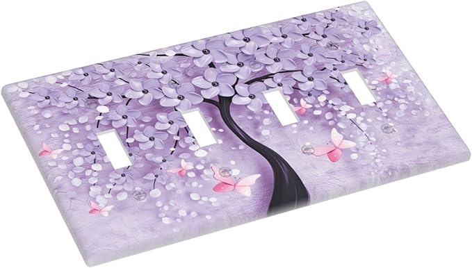 Light Switch Cover 3D Purple Tree 4 Gang Switch Plate Quad Toggle Wall Plates Decorative Switchplate Electrical Outlet Cover Plates for Bathroom Bedroom Decor