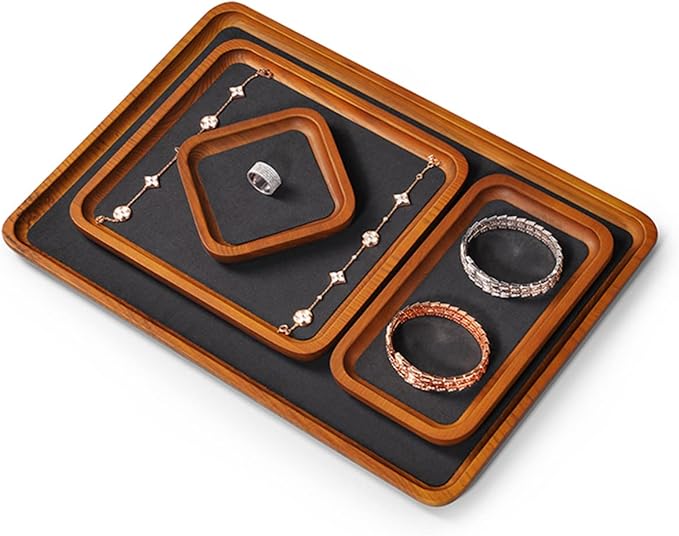 Oirlv Solid Wood Jewelry Tray Jewelry Display Holder Showcase Jewelry Display Organizer (Large, Grey)