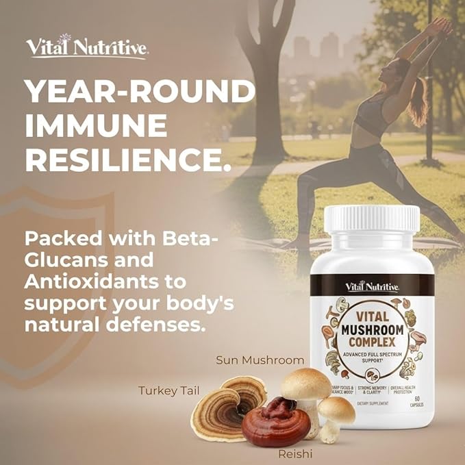 Vital 10-in-1 Mushroom Supplement Complex – High Potency Lion’s Mane, Cordyceps, Reishi & Turkey Tail Capsules – Nootropic Brain Support for Memory, Focus & Energy – 30 Day Supply