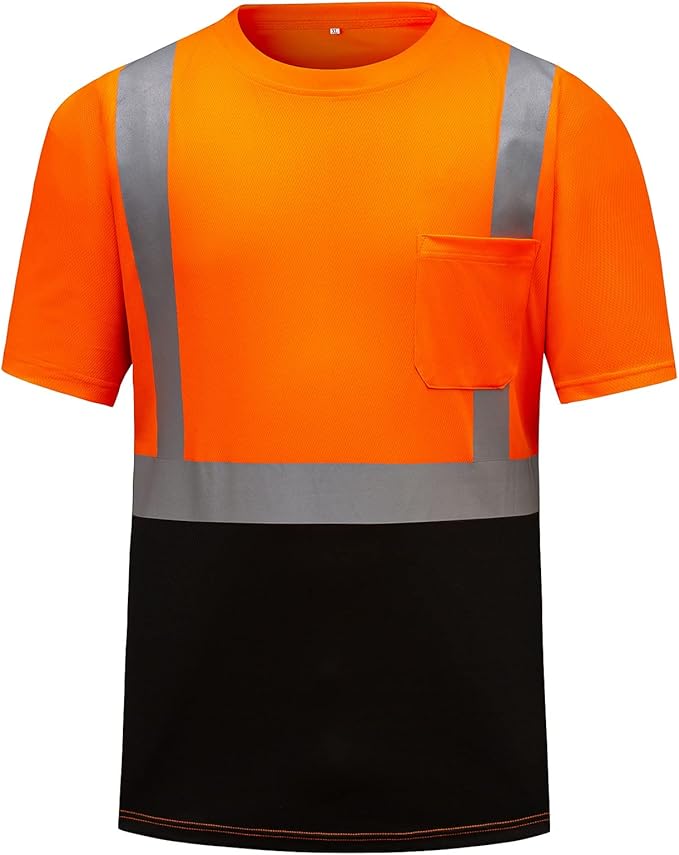 High Visibility Shirts Quick Dry Safety T Shirts with Reflective Strips and Pocket Short Sleeve Mesh Hi Vis Construction Work Class 2 Shirt for Men/Women Black Bottom Orange,Medium