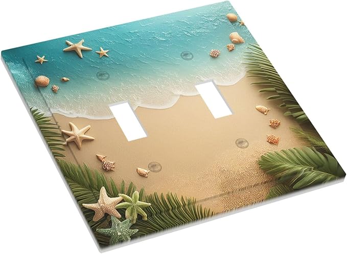 Decorative Switch Plates Summer Beach Themed Starfish Seashells 2 Gang Double Toggle Outlet Light Switch Cover Wall Plate Electrical Faceplate for Bedroom Bathroom Decor