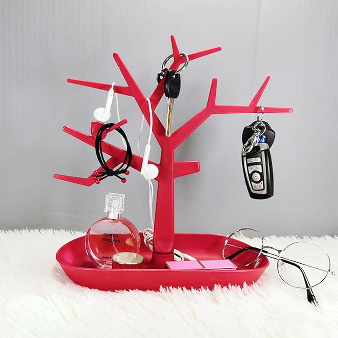 Tabletop Key Holder Stand Tree Key Rack,Stand Jewelry Display Necklace Ring Earring Holder Rack,Jewelry Organizer Tray Home Decor for Home Entryway (Red)
