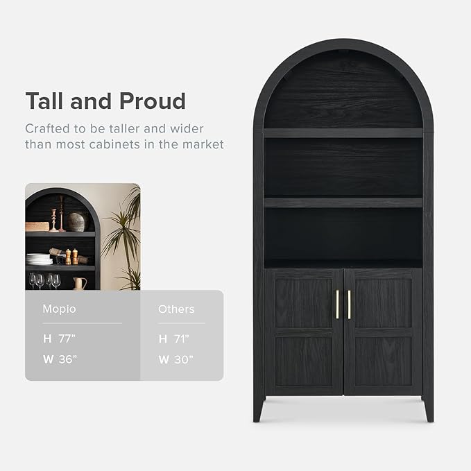 mopio Lauren 77.4" Tall Arched Cabinet, 5-Tier Arched Bookcase with Doors and Adjustable Shelves, Arch Bookshelf with Storage, Wooden Storage Cabinet for Living Room and Kitchen Pantry (Black)