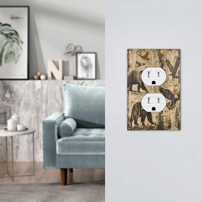 Outlet Covers Vintage Cabin Wildlife Animal Bear Eagle Forest 1 Gang Duplex Wall Plate Decorative Switch Plates Electrical Receptacle Faceplate Light Switch Cover for Farmhouse Bedroom Decor