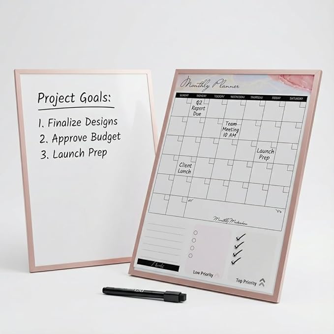 Small Whiteboard 12 x 16 Inch Magnetic Dry Erase Board with Handle | Rose Gold Aluminum Frame | Double-Sided Planner Board with Weekly & Monthly Sheets | 3 Markers, Eraser & 2 Magnets