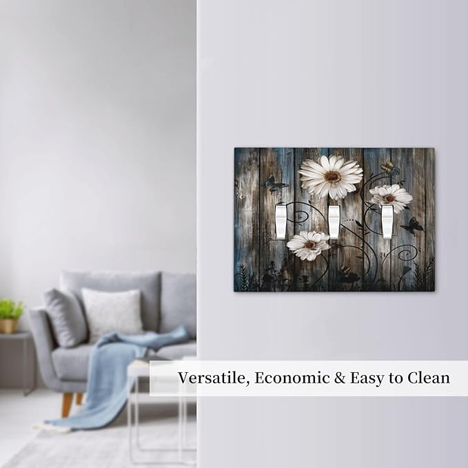 Rustic Wood Background Floral Butterfly Daisy Decorative Switch Plates 3 Gang Wall Plate Triple Toggle Light Switch Cover Faceplate Electrical Wall Panels for Farmhouse Bedroom Decor