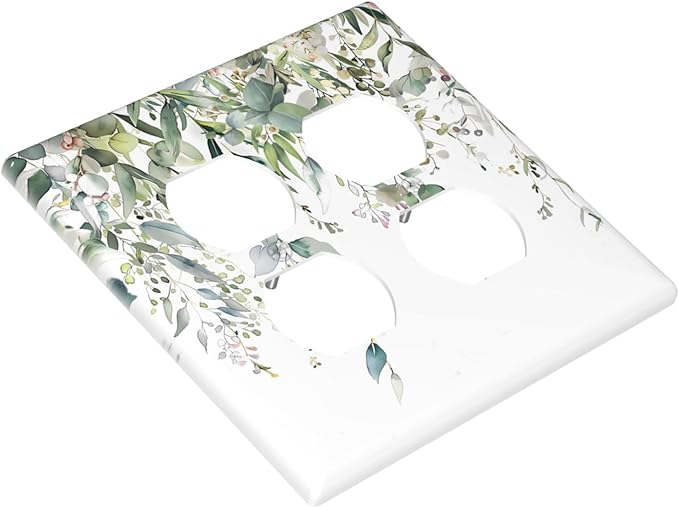 Sage Green Watercolor Eucalyptus Leaves Floral Flowers Outlet Covers 2 Gang Double Duplex Decorative Light Switch Covers Electrical Wallplates Socket Faceplate for Farmhouse Bed Room Decor