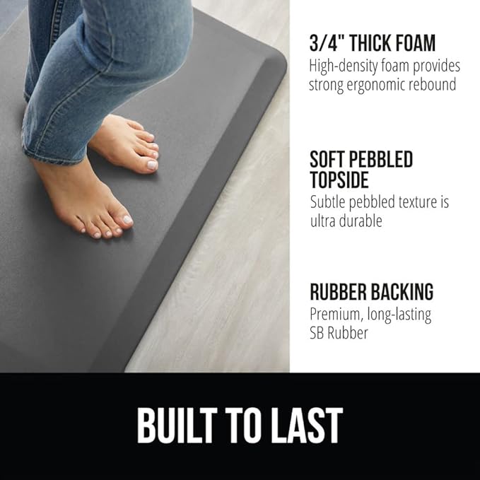 GORILLA GRIP Comfortable Cushioned Kitchen Mats for Floor, 48x20, Waterproof and Stain Resistant Soft Top, 3/4 Inch Thick Ergonomic Standing Desk Anti Fatigue Mat, Foam Supports Ankles and Feet, Grey