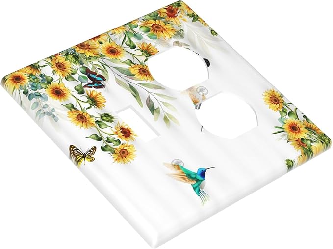 Yellow Sunflower Butterfly with Bird Decorative Light Switch Cover Plate 1 Toggle/1 Duplex Outlet Covers 2 Gang Combo Gfci Wall Plate Electrical Receptacle Switchplate for Bathroom Decor