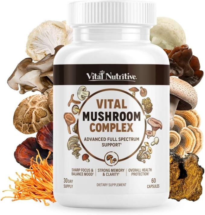 Vital 10-in-1 Mushroom Supplement Complex – High Potency Lion’s Mane, Cordyceps, Reishi & Turkey Tail Capsules – Nootropic Brain Support for Memory, Focus & Energy – 30 Day Supply