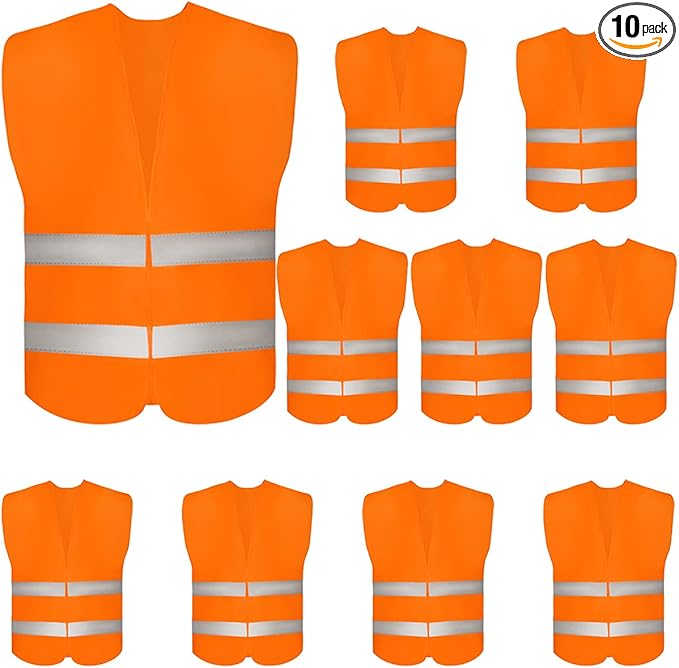 DUSKCOVE 10 Pack High Visibility Safety Vests with 2 Hi Vis Reflective Strips for Men and Women - Neon Orange Construction Vests for Traffic Work, Running, Surveyor and Security Guard