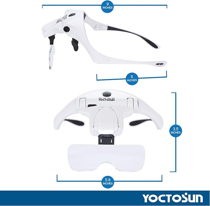 YOCTOSUN Magnifying Glasses with 4 LED Lights, Head Mount Magnifier with Storage Case,5 Lenses, Headband, Hands Free Lighted Head Magnifying Visor for Hobby Crafts & Close Work