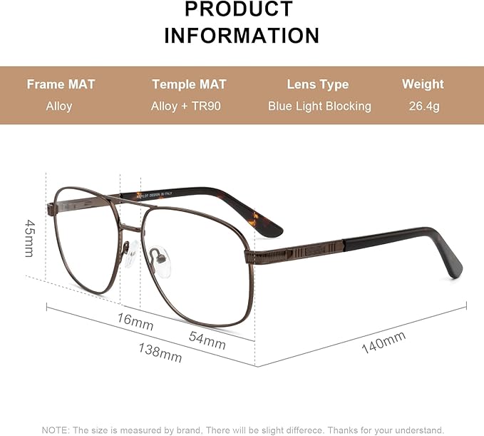 RB. Pilot Reading Glasses for Men Square Double Bridge Light Blocking Computer Readers Spring Hinge Metal Frame Acetate Legs