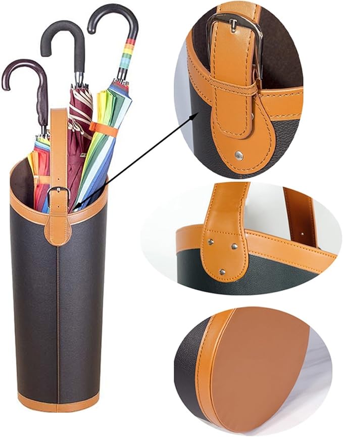 Indoor Entryway leather Umbrella bucket，Large Capacity Umbrella Storage stand，tall umbrella holder,For Hotel,Offices,home,Commercial(Beige+dark brown)
