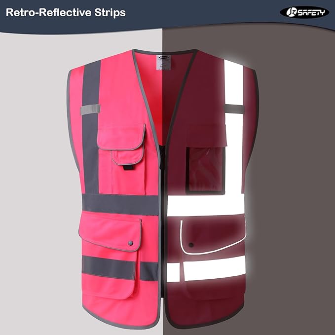 JKSafety 9 Pockets Class 2 High Visibility Zipper Front Safety Vest With Reflective Strips, Meets ANSI/ISEA Standards (X-Large, 150-Pink)