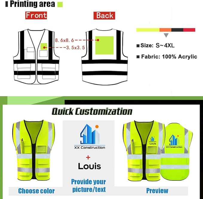 YOWESHOP High Visibility Safety Vest Custom Your Logo Protective Workwear 5 Pockets With Reflective Strips Outdoor Work Vest (M, Yellow Green Luminous)