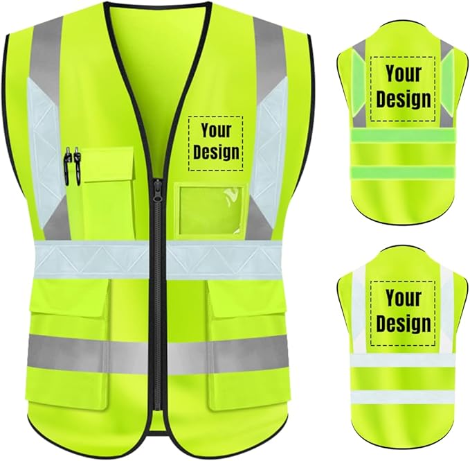 YOWESHOP High Visibility Safety Vest Custom Your Logo Protective Workwear 5 Pockets With Reflective Strips Outdoor Work Vest (4XL, Yellow Luminous)