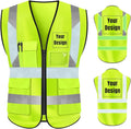 YOWESHOP High Visibility Safety Vest Custom Your Logo Protective Workwear 5 Pockets With Reflective Strips Outdoor Work Vest (L, Yellow Luminous)