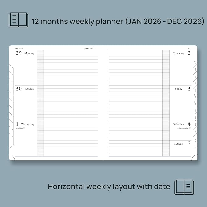 POPRUN 2026 Weekly & Monthly Planner Calendar, 8.5" x 10.5" Large, Horizontal Layout with Lined Sections, Jan. 2026 - Dec. 2026, Leather Hardcover, 100GSM Paper, Inner Pocket - Navy Blue