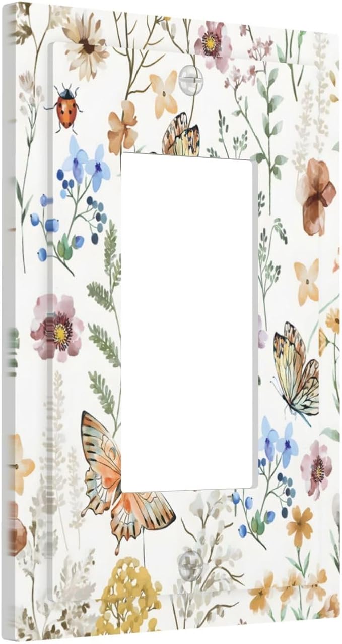Boho Multicolor Flower Butterfly Insect Floral Decorative Outlet Covers 1 Gang Single Rocker Light Switch Cover Plate Wall Plates GFCI Faceplate for Bedroom Living Room Decor