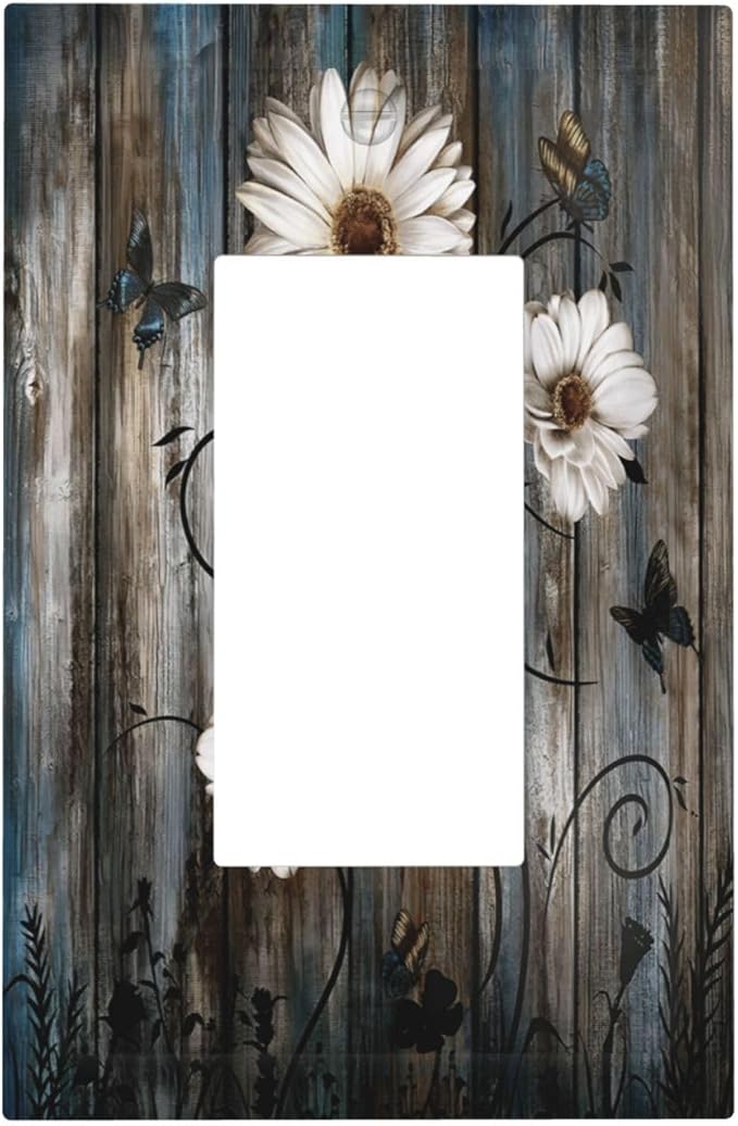 Rustic Wood Background Floral Butterfly Daisy Decorative Outlet Covers 1 Gang Single Rocker Light Switch Cover Plate Wall Plates GFCI Faceplate for Farmhouse Bedroom Decor