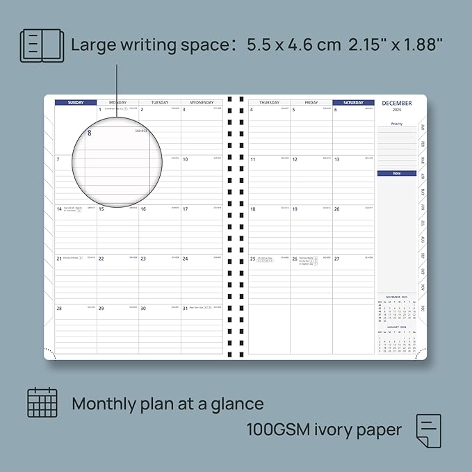 POPRUN 2026-2027 Monthly Planner A4 Size, 16 Months Calendar (Dec 2025-Mar 2027), 2 Pages per Month with Dotted & Lined Note, Monthly Tabs, Spiral Softcover, 2 Inner Pockets - Ink Blue