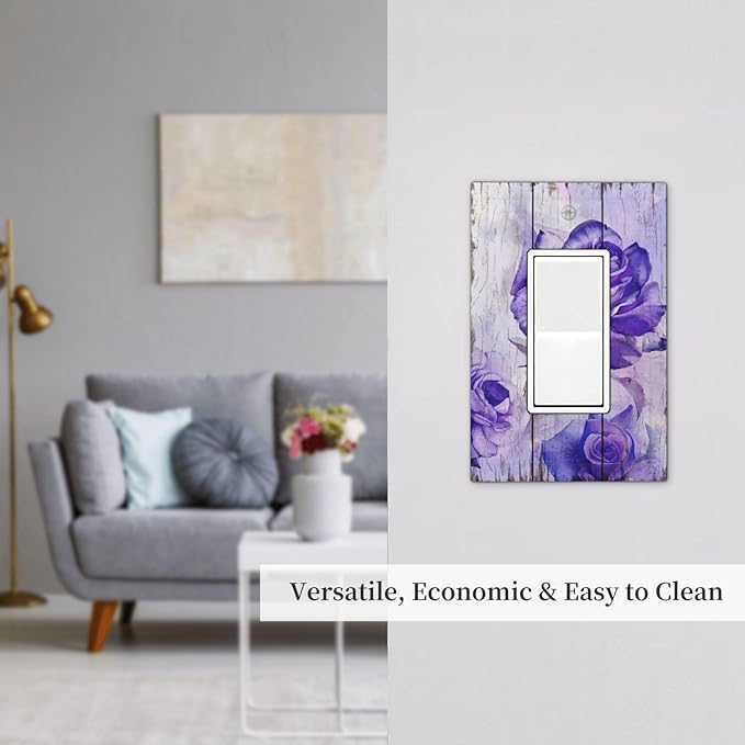 Outlet Covers Purple Rose Flower Rustic Wood Plank 1 Gang Wall Plate Single Rocker Light Switch Cover Decorative GFCI Receptacle Cover Electrical Switchplate for Farmhouse Bathroom Decor