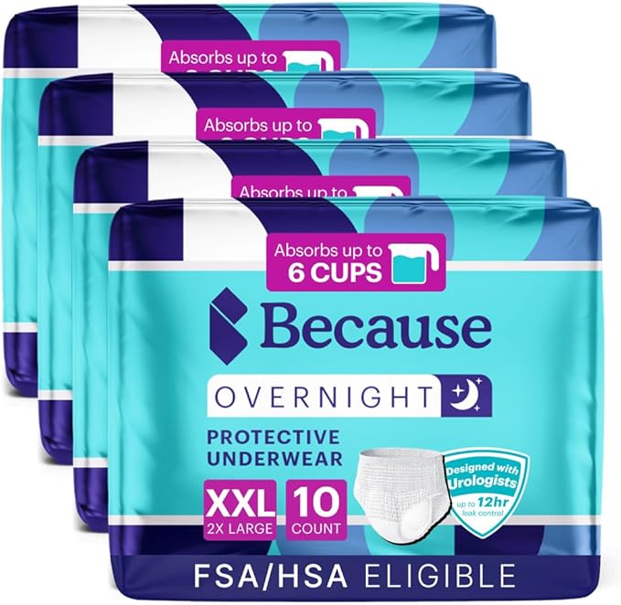 Because Overnight Absorbency Pull Ups - Adult Disposable Incontinence Underwear, Extra Absorbent Nighttime Briefs for Men and Women, White, XXLarge, 40 Count (4 Packs of 10)