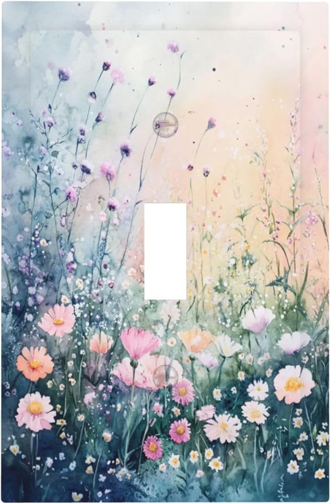 Decorative Light Switch Covers Pink Floral Wildflower Green Plants 1 Gang Light Switch Cover Plate Single Toggle Wall Plate Outlet Covers Wall Plate Dimmer Faceplate for Bathroom Decor